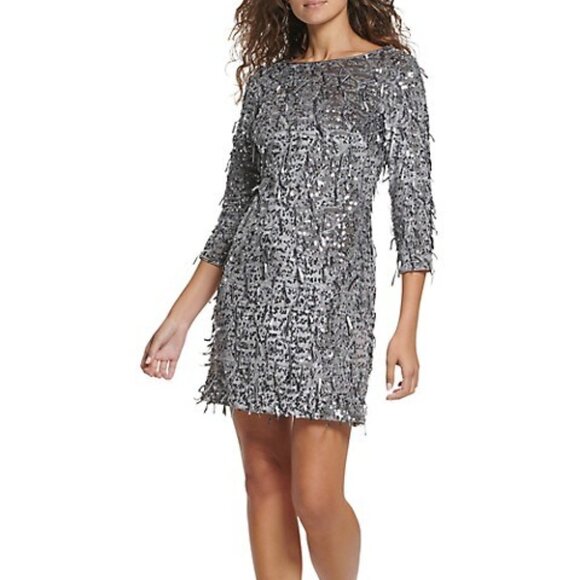 Eliza J Silver Sequin-Fringe Velvet Shift Dress - Picture 1 of 4